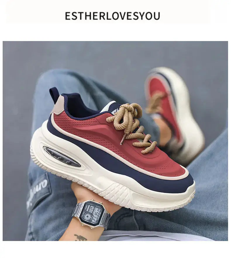 Men's casual sports shoes by Simples Market, red and navy upper with thick white air-cushion sole and beige laces.