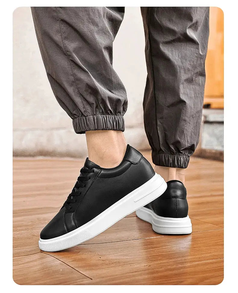 Simples Market men's black leather elevator sneakers with white platform sole and height-increasing insole