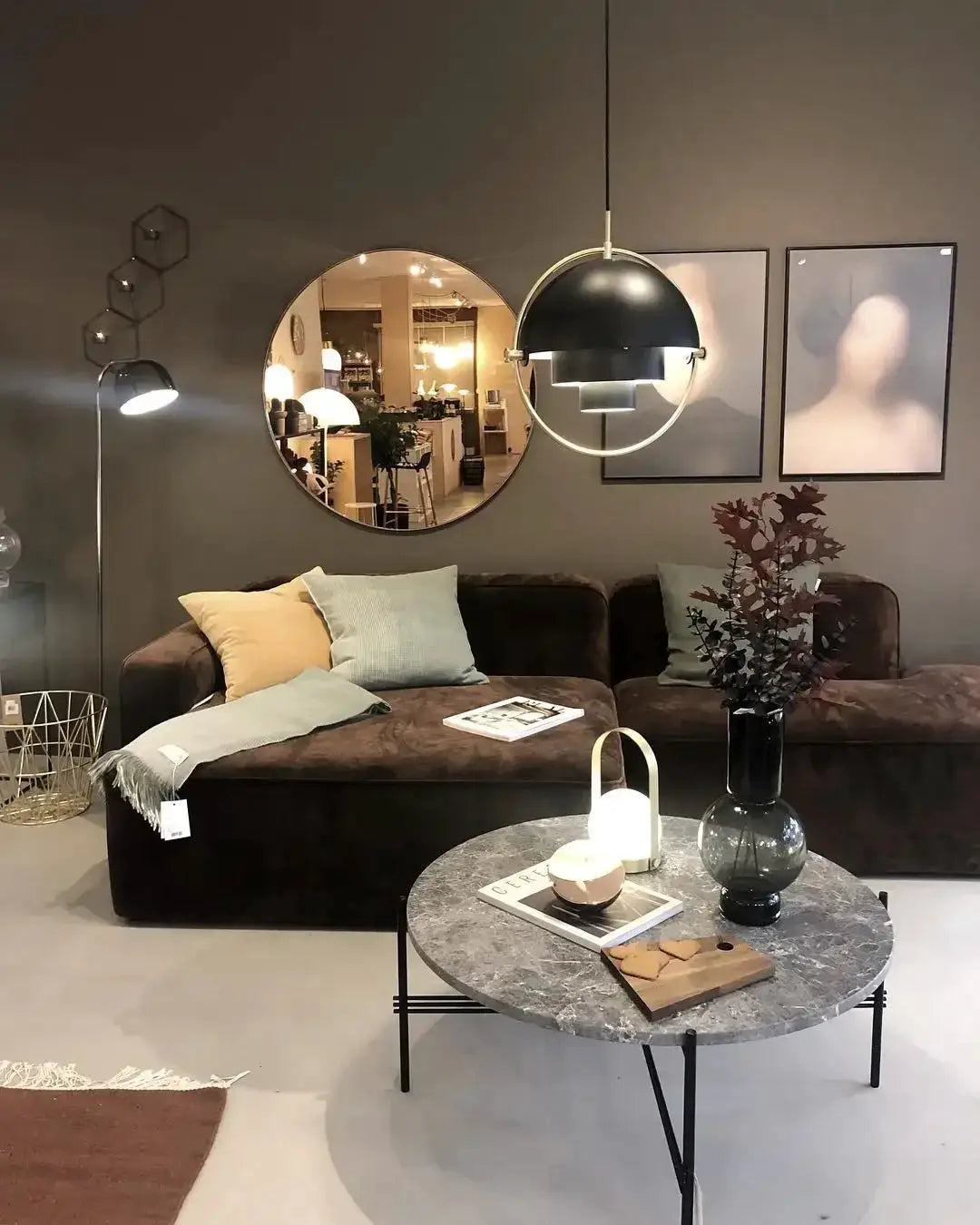 Pendant light with black dome shade and circular gold ring, iron hanging lamp for kitchen island.