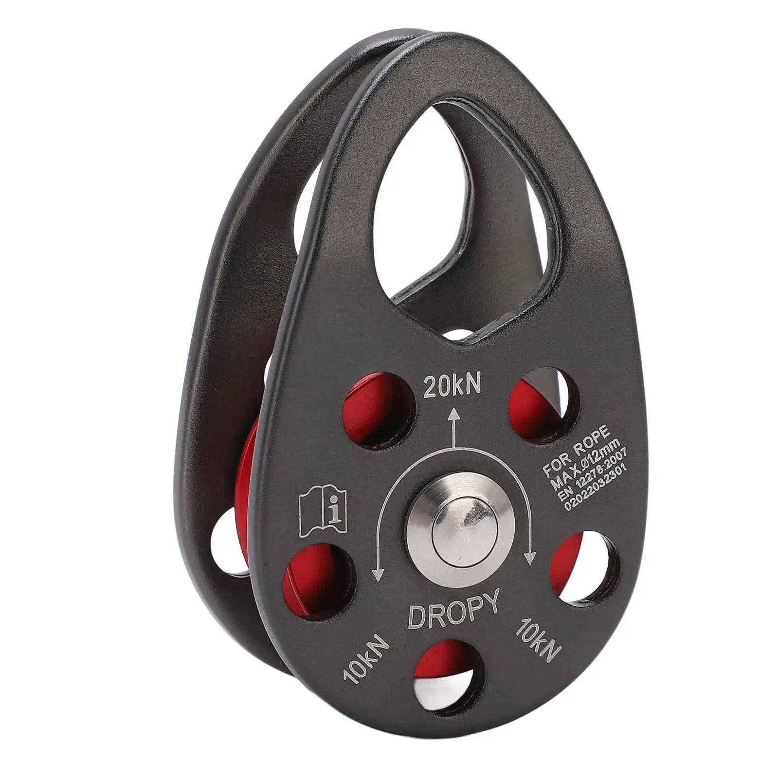 Portable climbing pulley aluminum alloy, single fixed pulley with 20kN load rating; black with red interior.