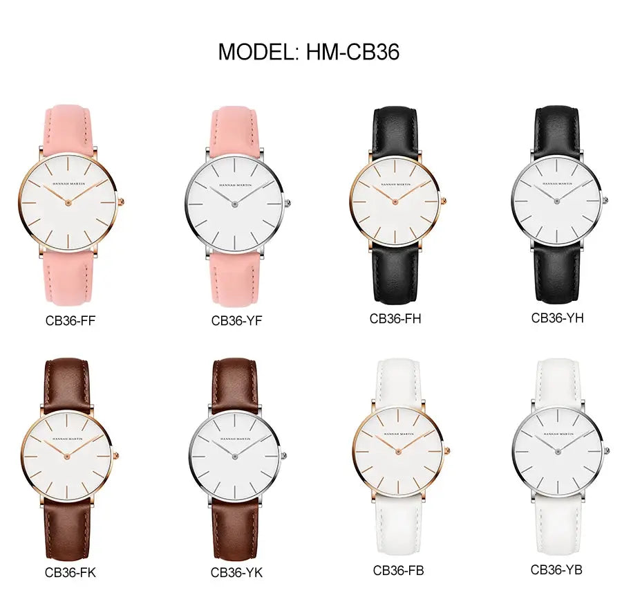 Hannah Martin women's 36mm waterproof leather wristwatch collection with 8 color variants