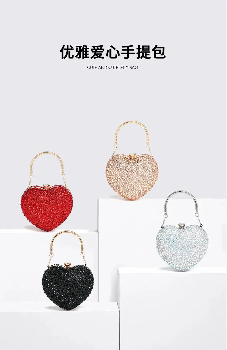 Heart-shaped crystal clutch purse set of four by Simples Market, red, gold, black and silver with shoulder handles