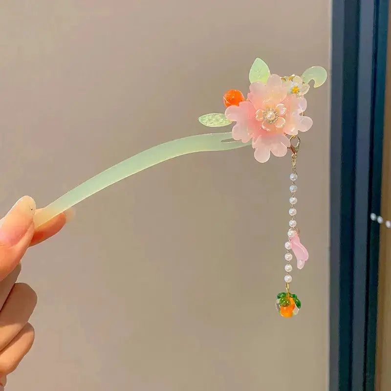 Elegant Chinese Style Romantic Enameled Flower Tassel Hair Clip Alloy Jewelry Hairpin For Women Fashion Accessory