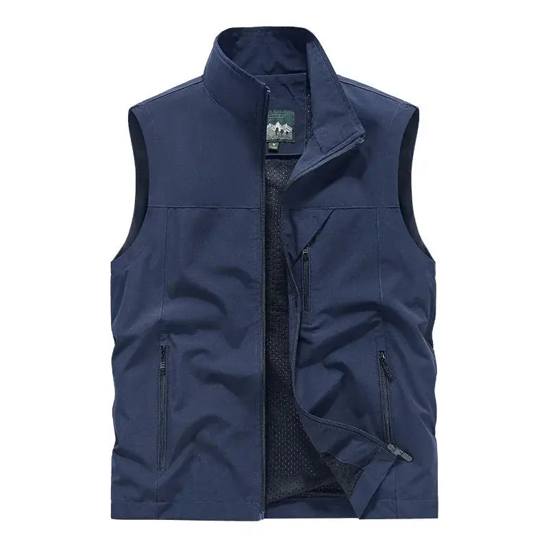 Men's navy blue sleeveless vest with zip pockets and stand collar by Simples Market