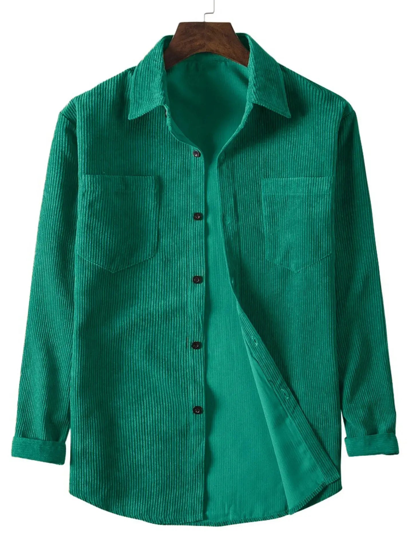 Men's green corduroy long-sleeve lapel shirt with chest pockets by Simples Market