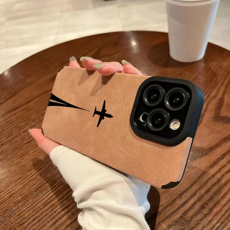 iPhone case, tan matte leather-silicone with lens protection and shockproof design