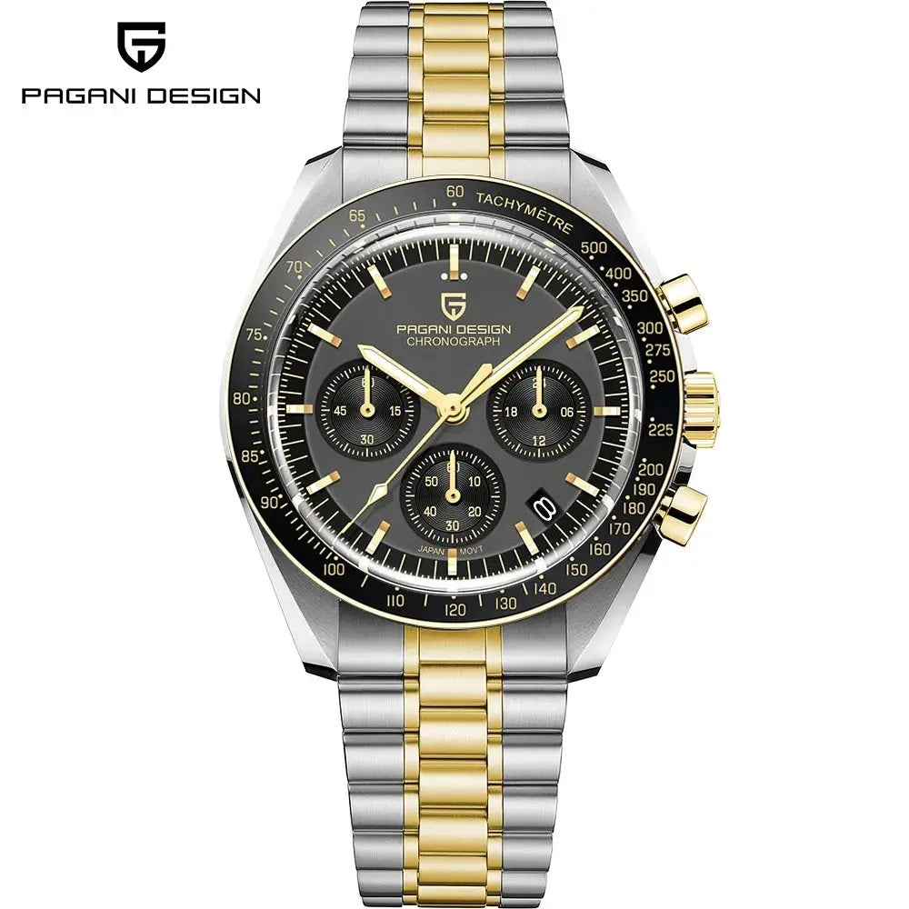 PAGANI DESIGN chronograph watch with two-tone stainless steel bracelet, black dial, gold accents, tachymeter bezel