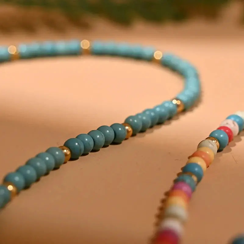 Colorful 4mm stone choker necklace with turquoise beads and gold spacers for women