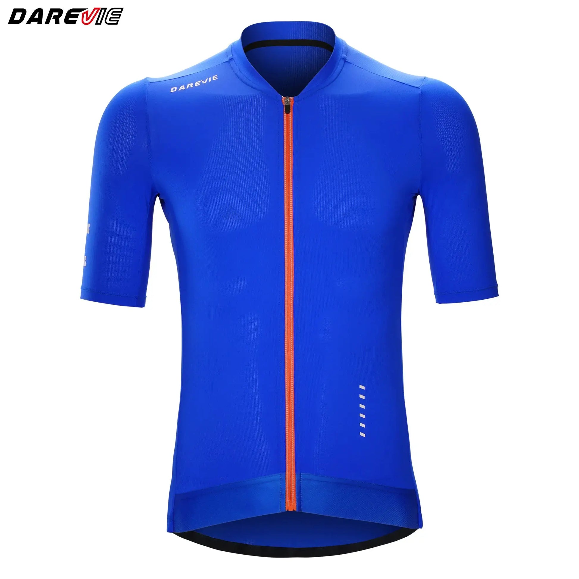 DAREVIE blue men's cycling jersey with orange front zipper, breathable quick-dry fabric