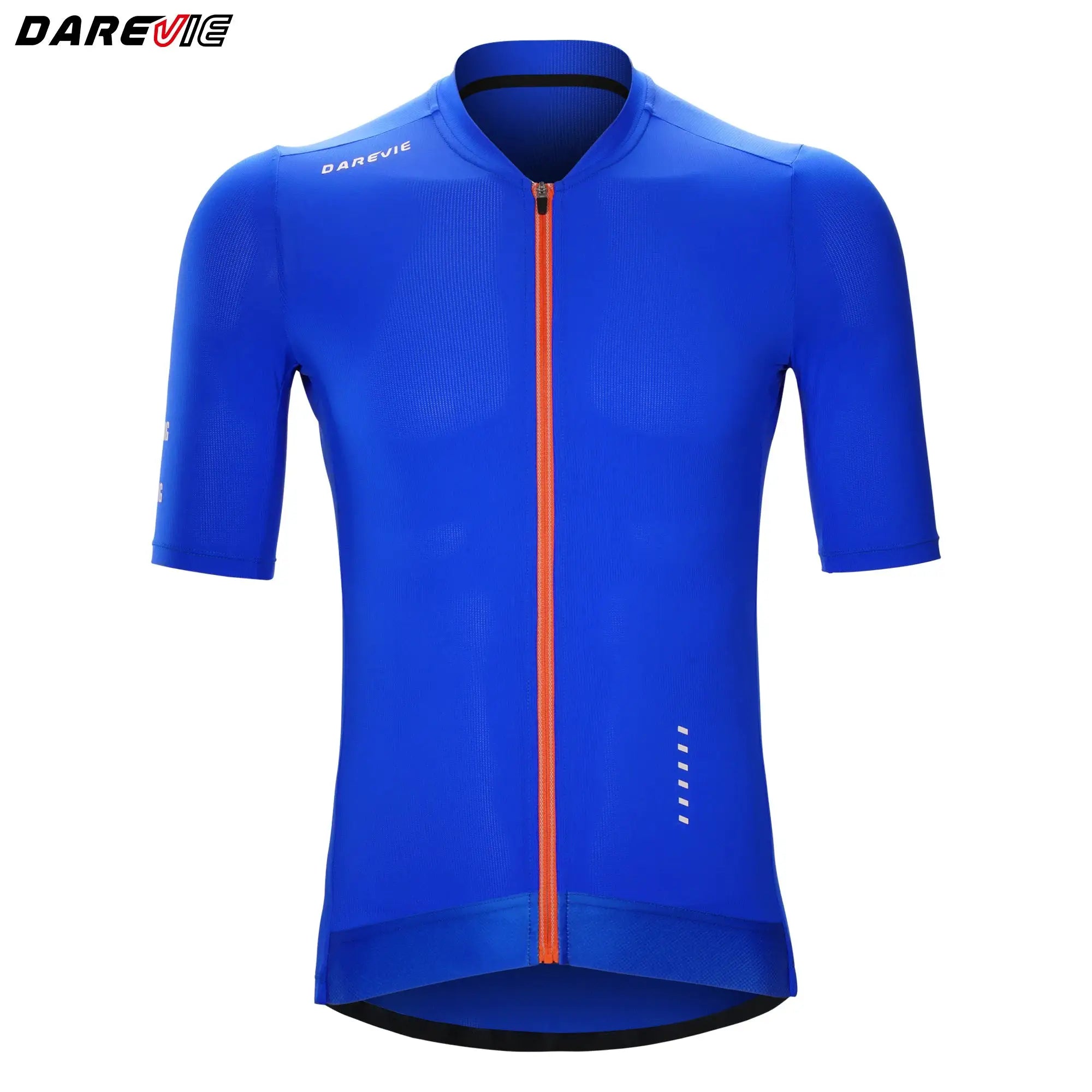 DAREVIE blue men's cycling jersey with orange front zipper, breathable quick-dry fabric