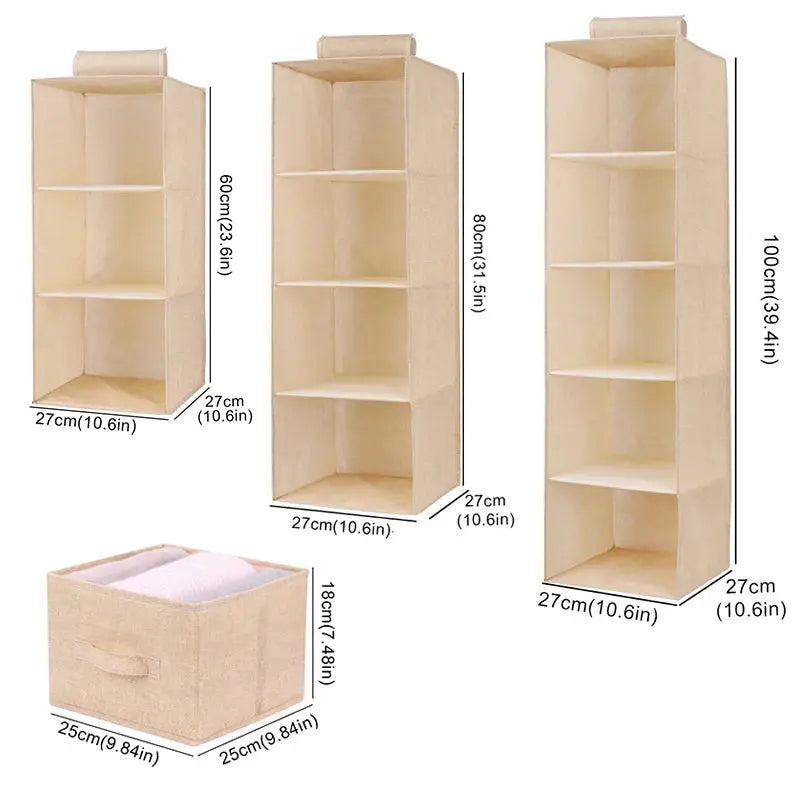 Cotton-linen hanging wardrobe organizer by Simples Market; beige fabric, three shelf units and collapsible storage box