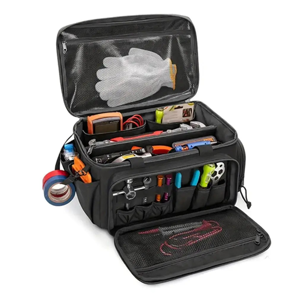 High-capacity tool storage bag in black with padded base and comfortable handle, open to show tools in multiple compartments.