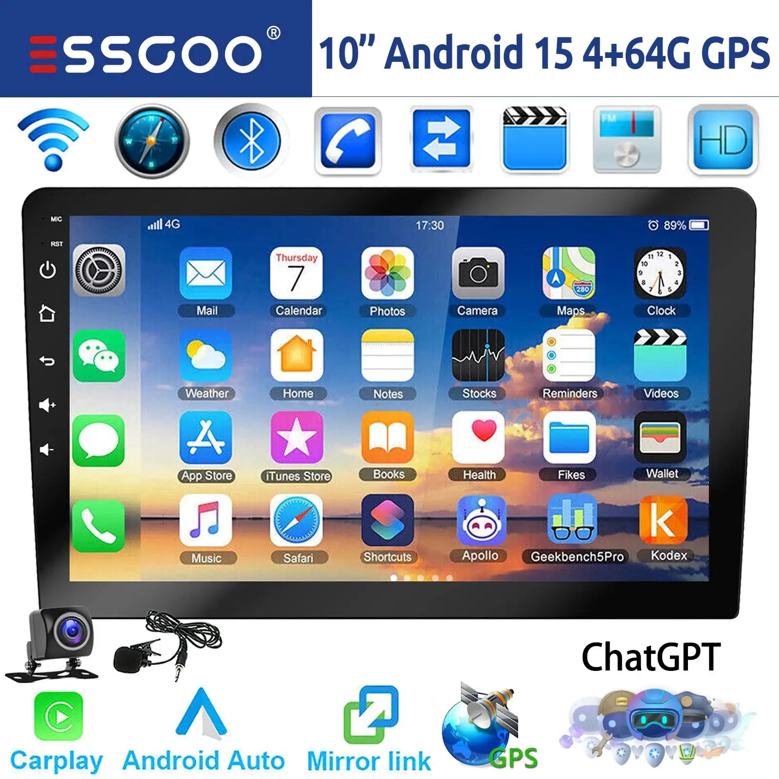 ESSGOO 10-inch Android car stereo with 4+64GB, GPS, CarPlay/Android Auto, touchscreen, with backup camera kit