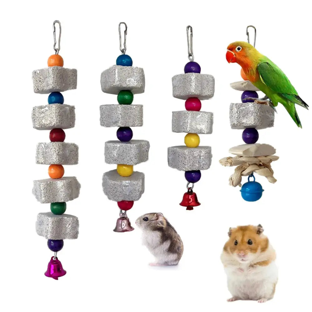 Volcanic rock pet teeth-grinding toy with 4 hanging stacks of beads and bells for parrots and hamsters by Simples Market