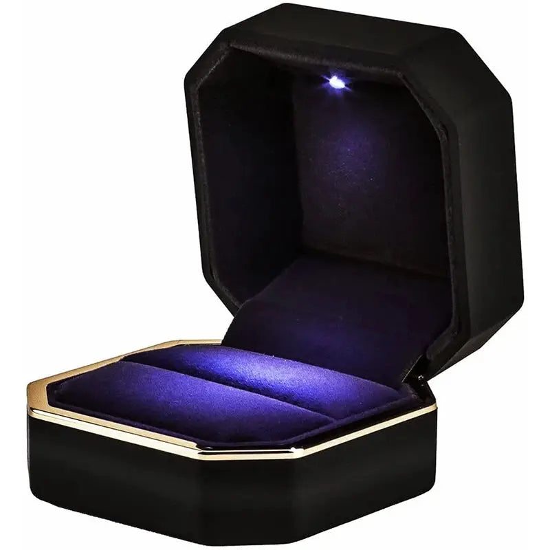 LED Jewelry Ring Box With Light Leather Exterior And Velvet Interior For Proposal Engagement Wedding Gift