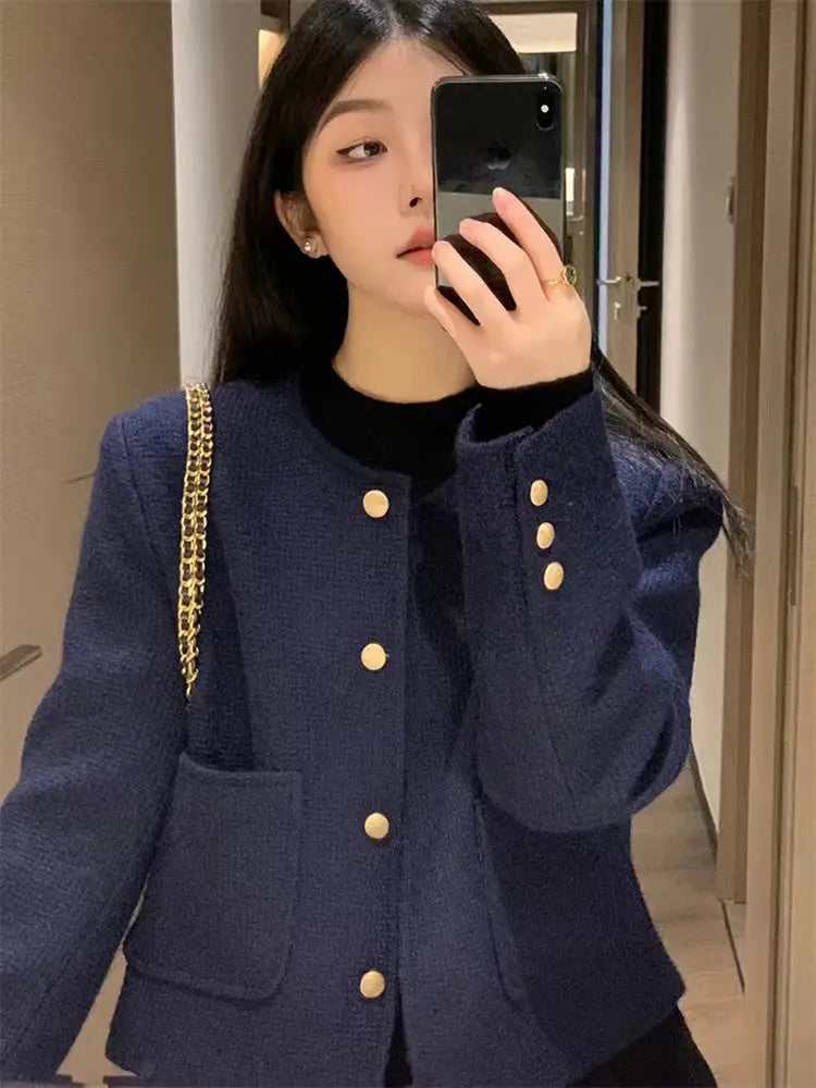 Gidyq fashion women blazer jacket navy blue with gold-tone buttons, front pockets, long sleeves