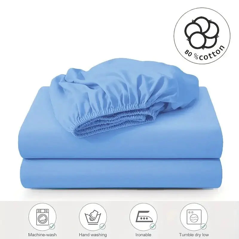 Fitted sheet, blue cotton, 30cm deep pocket, 80% cotton, Simples Market