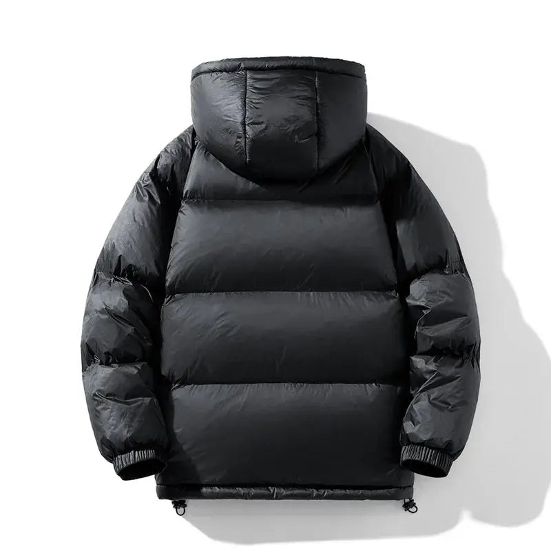Men's black hooded puffer down jacket with horizontal quilting and elastic cuffs