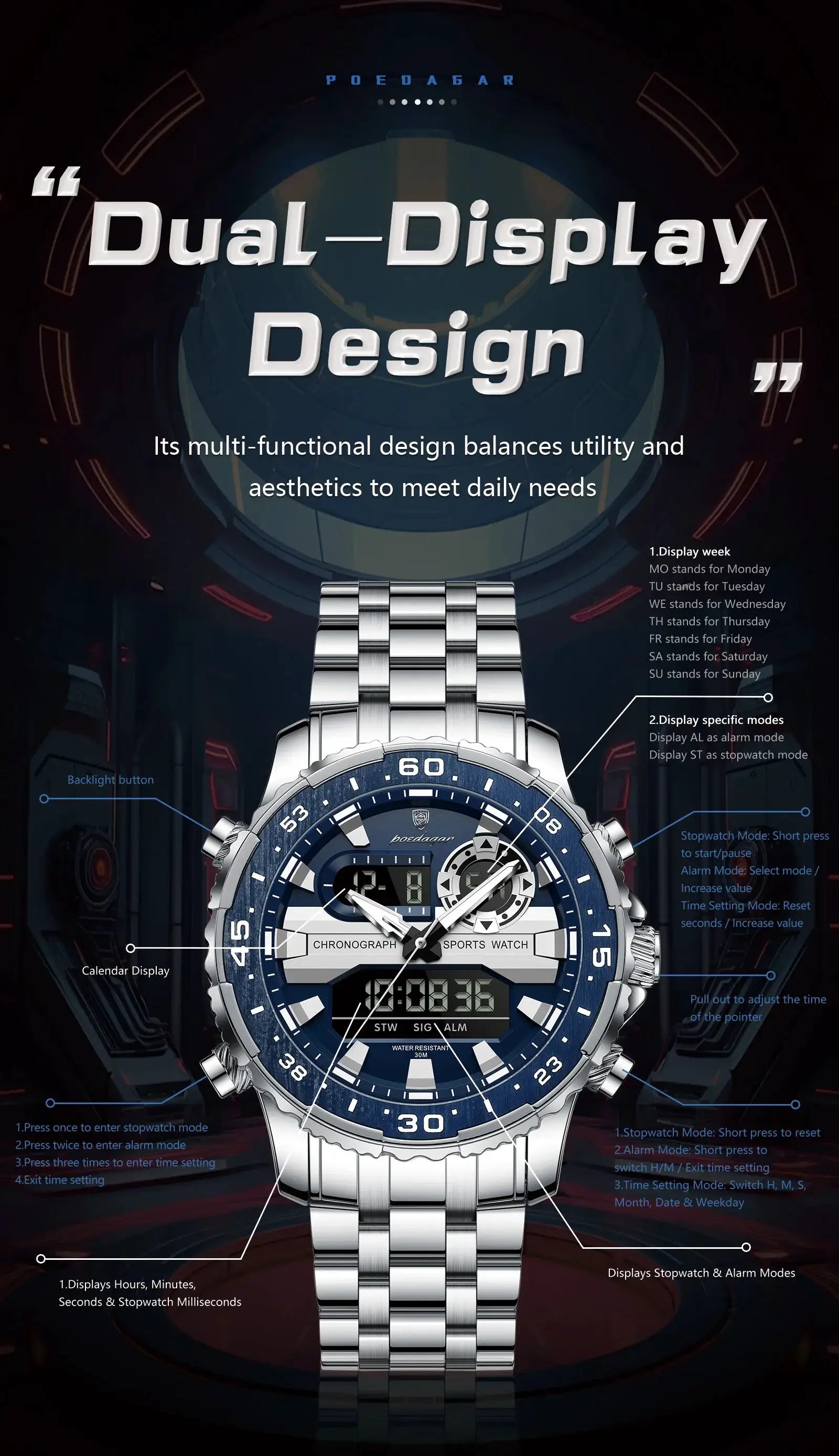 POEDAGAR men's wristwatch, stainless steel bracelet with blue bezel, dual time digital-analog LED display