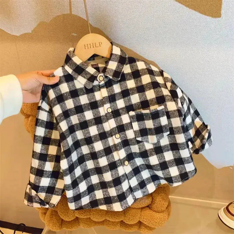 Autumn Plaid Shirt For Girls And Boys Casual Retro Lapel Long Sleeve Single Breasted Top