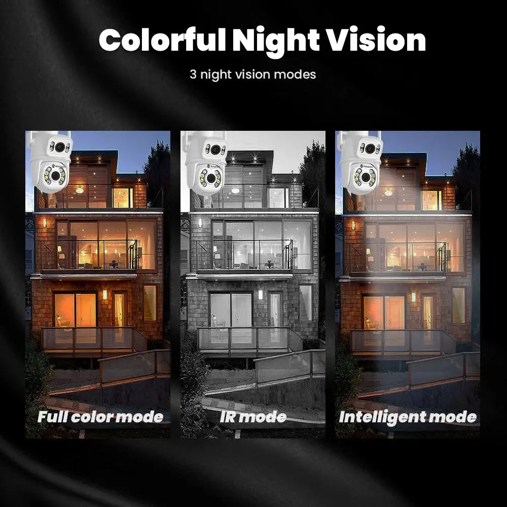4K 8MP dual-lens outdoor IP camera with auto tracking; three panels show full color and IR night vision.