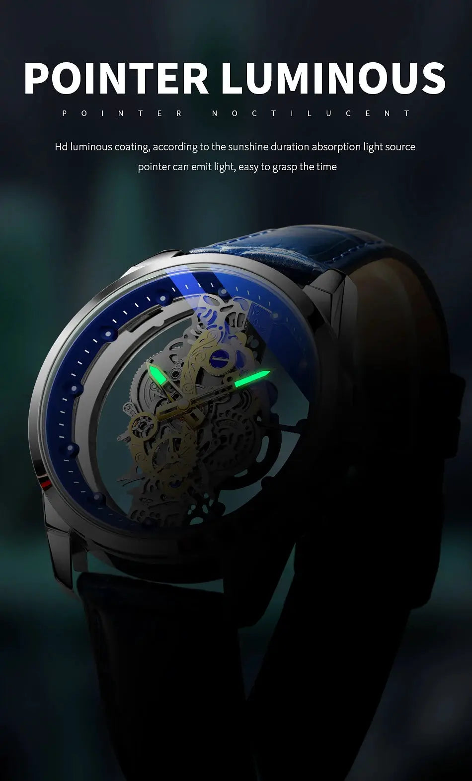Men's skeleton automatic quartz wristwatch with blue bezel and blue strap, gold inner mechanism, green luminous hands