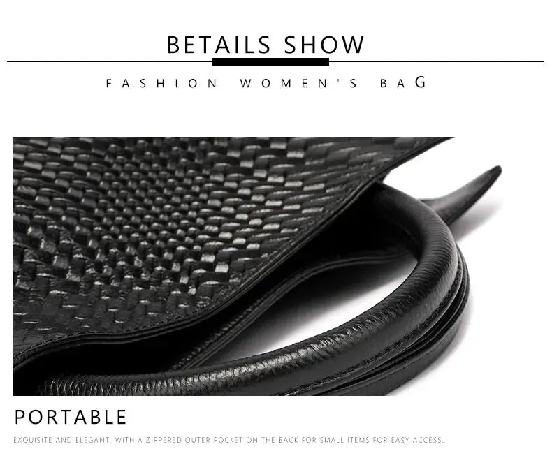 Handbag, black woven cowhide with a rounded leather handle, versatile casual daily bag