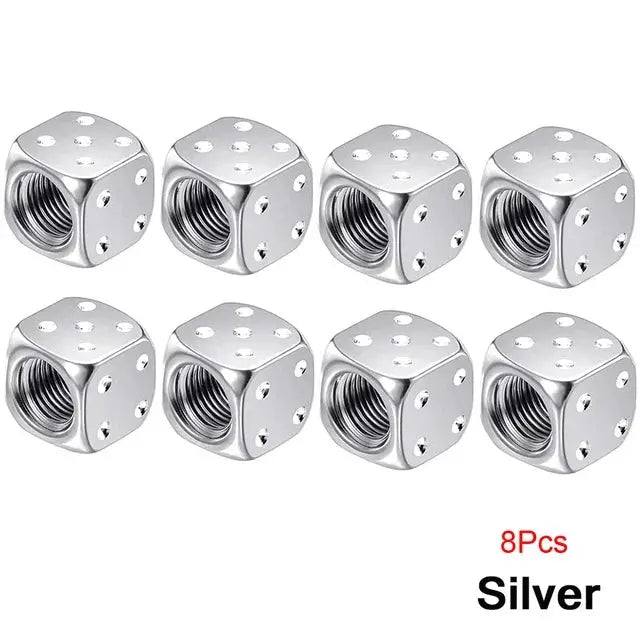 Eight silver aluminum dice tire valve caps by Simples Market