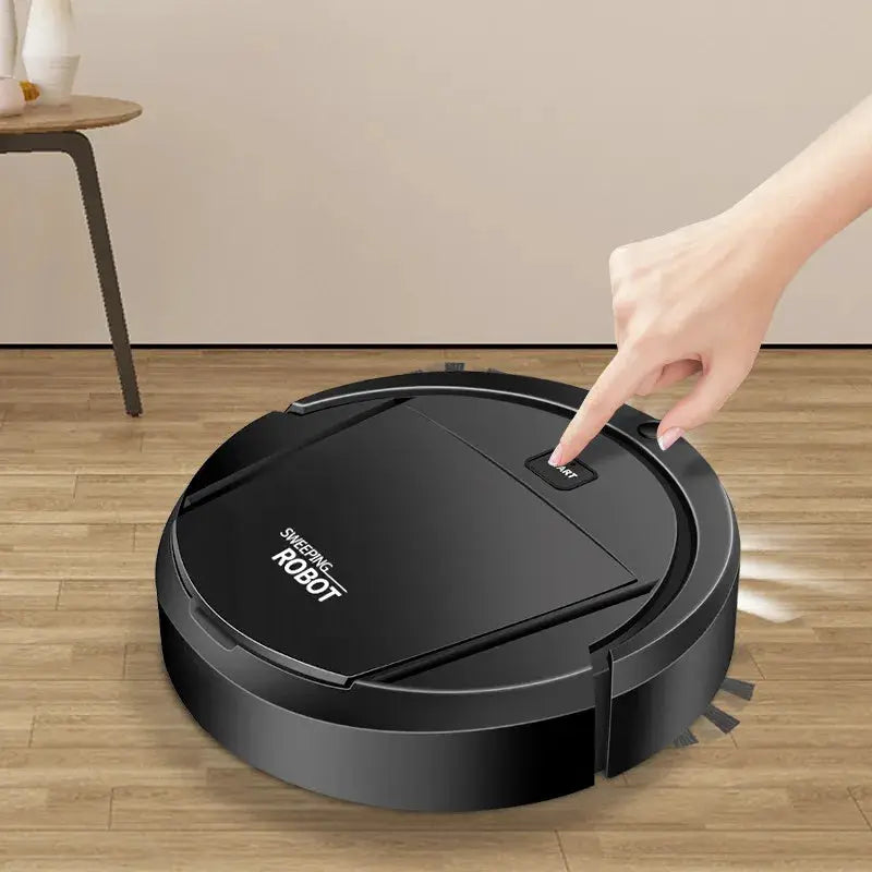 Simples Market robot vacuum cleaner, black circular autonomous floor cleaner with START button