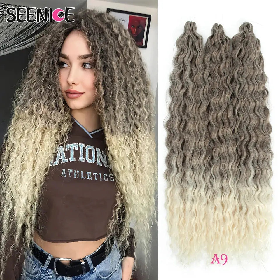 Ariel Curl Deep Twist Crochet Hair Extensions in ash blonde ombre, 22-inch water-wave synthetic braids, 3-pack SEENICE