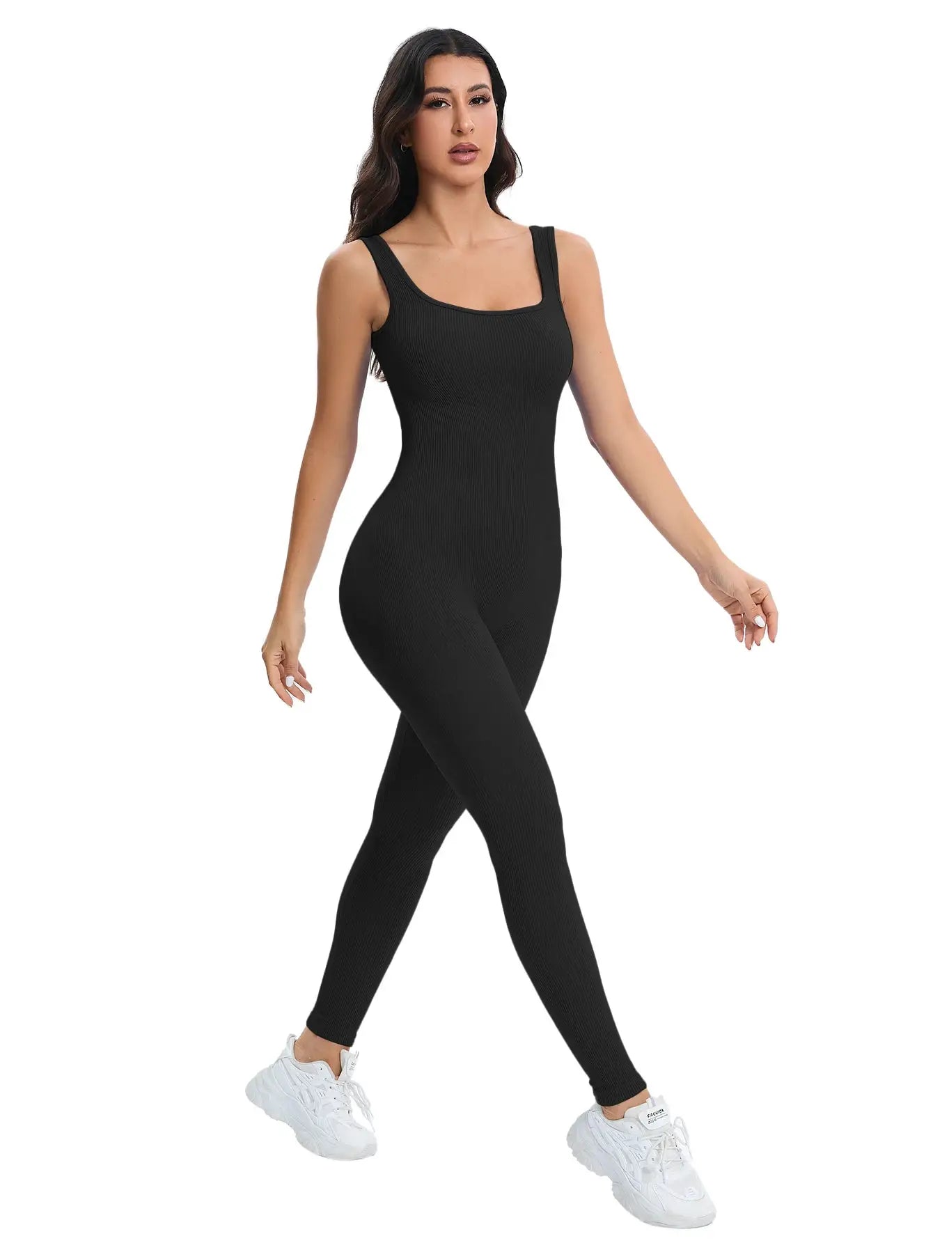 Shapewear jumpsuit for women, black ribbed knit with built-in bra, square neck, sleeveless bodycon