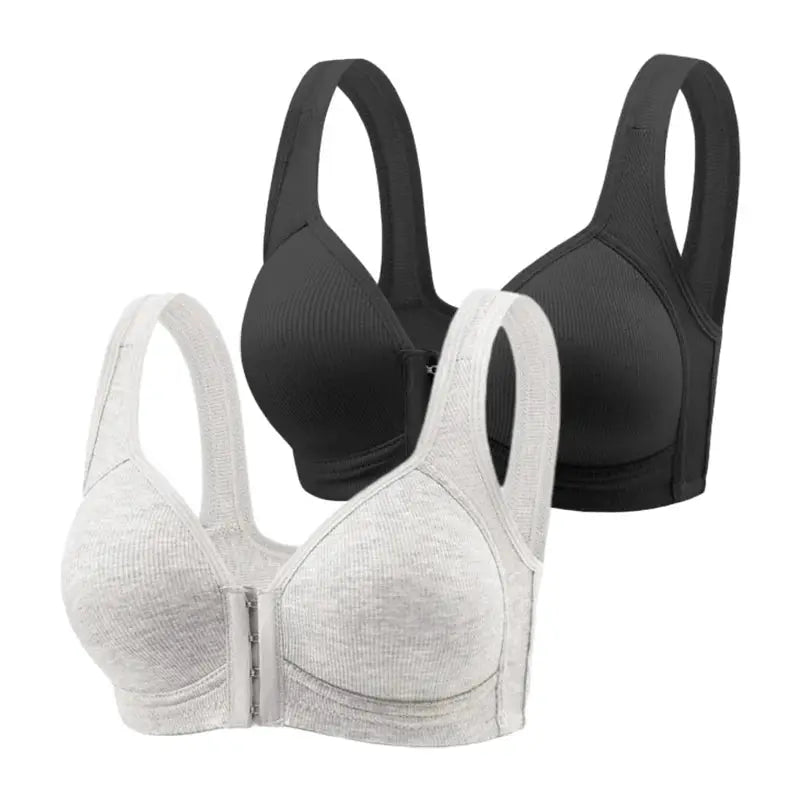 Fallsweet seamless front-closure bra set, 2-pack, for women in black and gray; wire-free, full-coverage