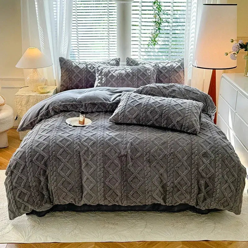 Tafuru Milk gray fleece quilt set for double use with textured knit pattern