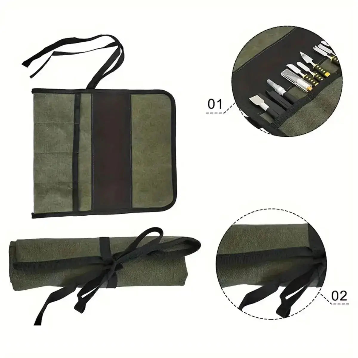 Simples Market roll-up tool bag with multiple pockets in olive Oxford cloth, black trim, rolled and tied.