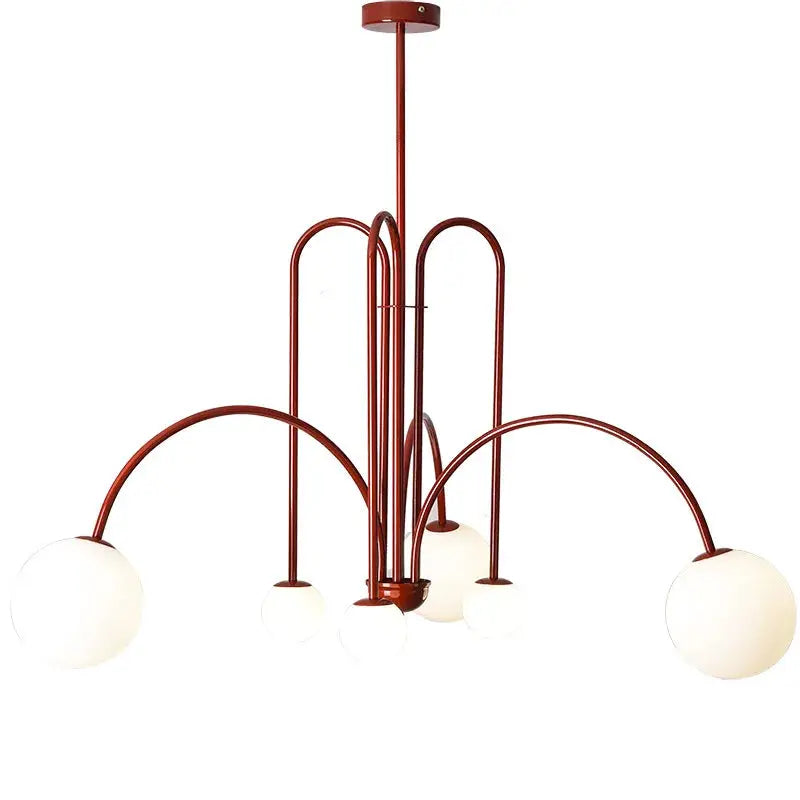 Nordic minimalist pendant light with red metal frame and white glass globes