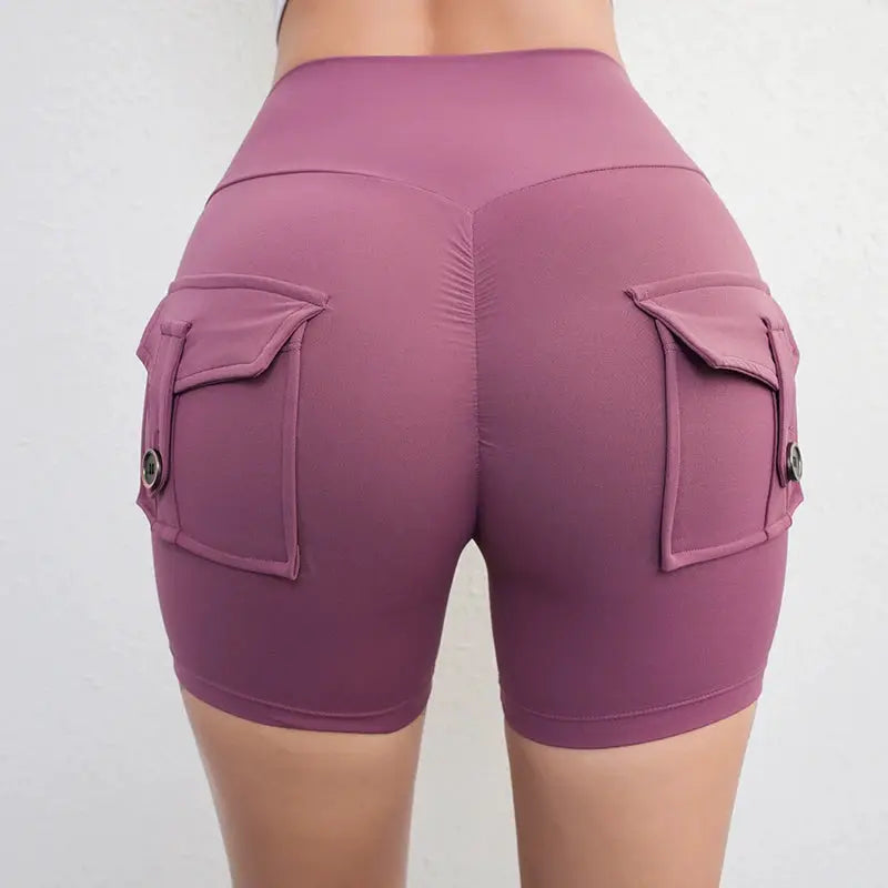 Peach Butt Fitness Shorts purple high-waisted cargo shorts with dual flap pockets