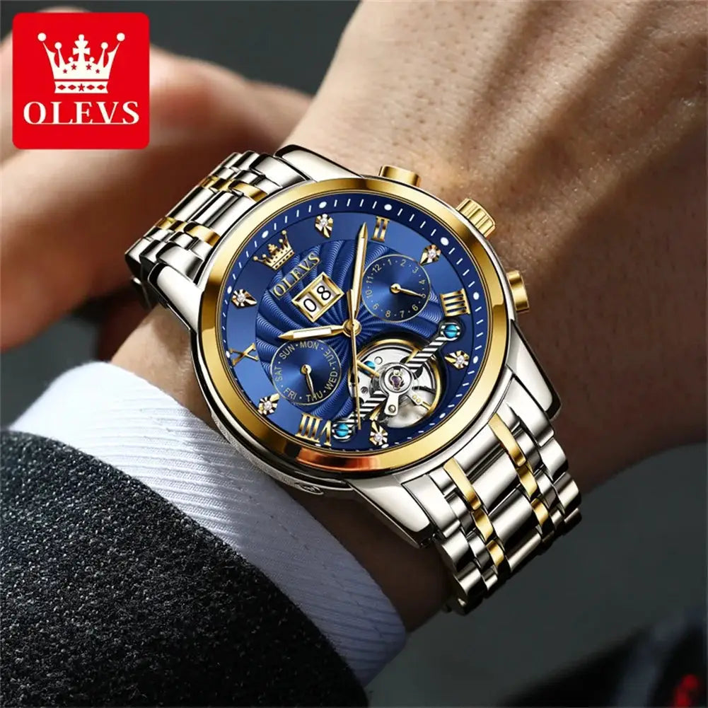 OLEVS 9910 Mens Watch Waterproof Luminous Automatic Mechanical Dual Calendar Date Stainless Steel Band