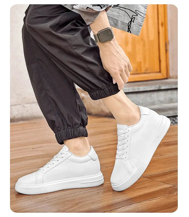 Men's white leather elevator sneakers with height-increasing insoles for an extra 6–10 cm, casual sporty look
