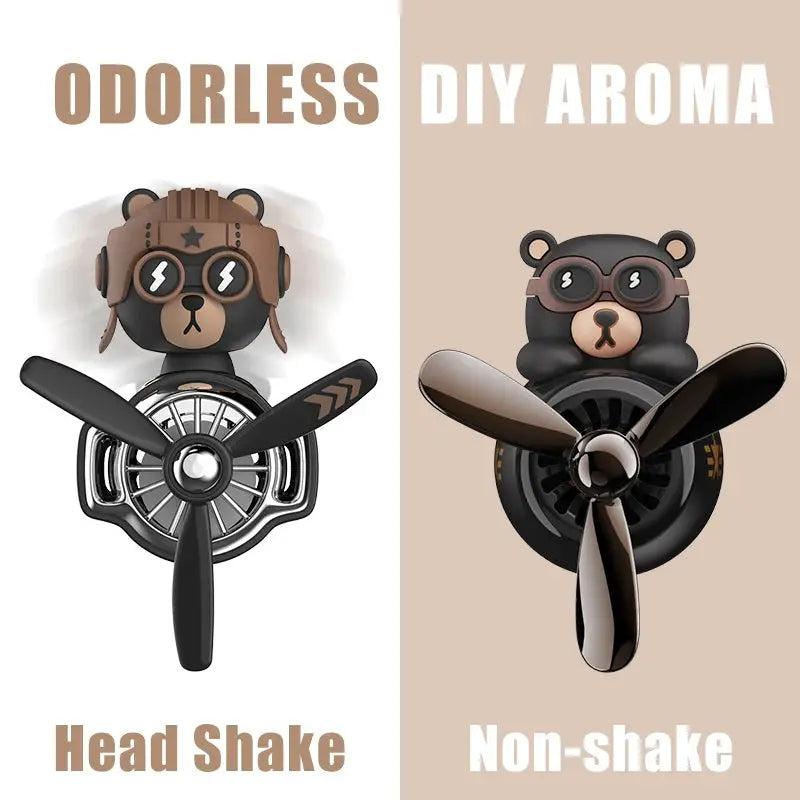 Two bear pilot car air freshener vent clips with propellers; head-shake and non-shake versions.