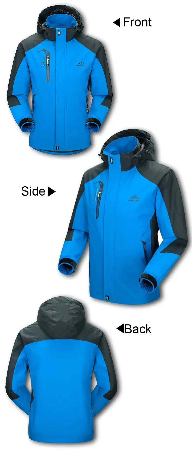 TRVLWEGO men's camping jacket in blue with dark gray panels, waterproof windbreaker with hood; front, side and back views.