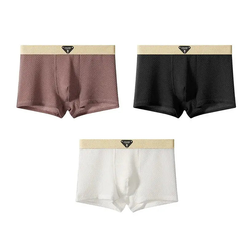 3-pack men's ice-silk boxers from Simples Market in brown, black and white with beige waistband