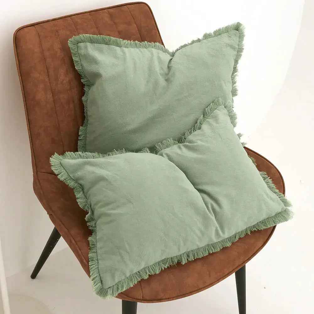 Cushion covers with tassel fringe in sage green, set of 3, Simples Market.
