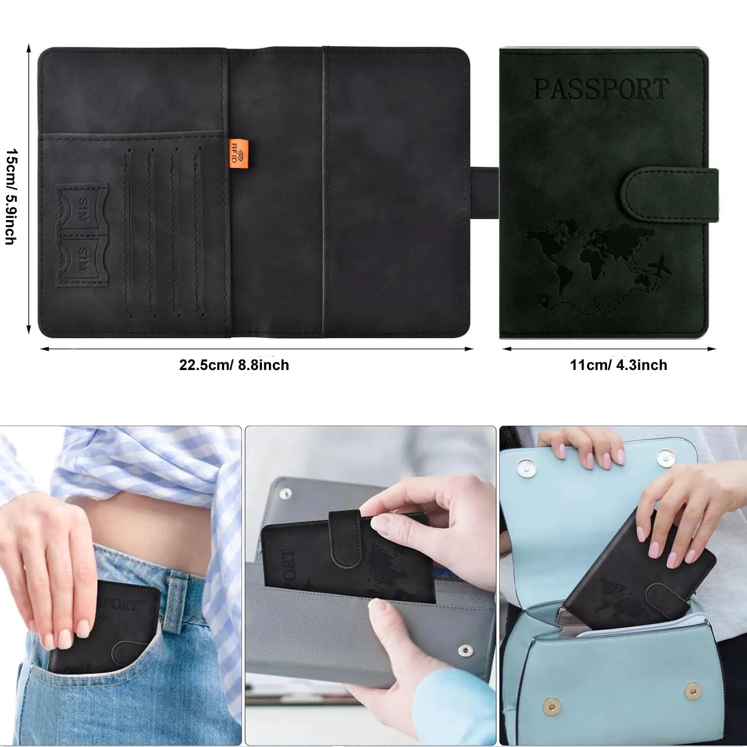 Simples Market black passport holder set: leather travel wallet with card slots and RFID tag, plus map-embossed passport cover (2 pcs)