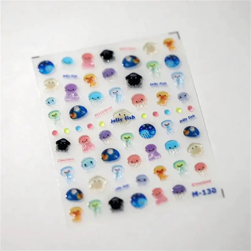 Jelly nail art stickers sheet featuring colorful 5D jellyfish designs for self-adhesive DIY manicure by Simples Market