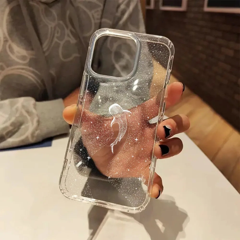 Phone case for iPhone, Seaside Cowboys Ocean, transparent glittery cover with white jellyfish graphic.