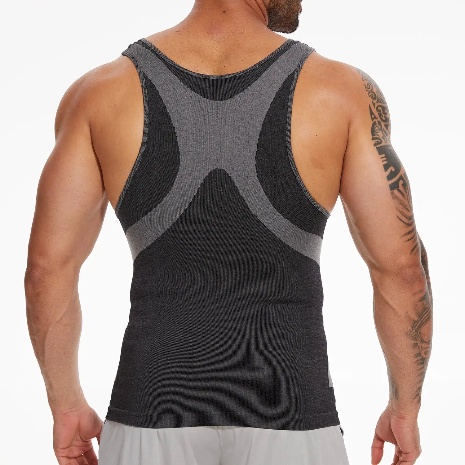 Men's shapewear body shaper tank top in black with gray cross-panel elastic details