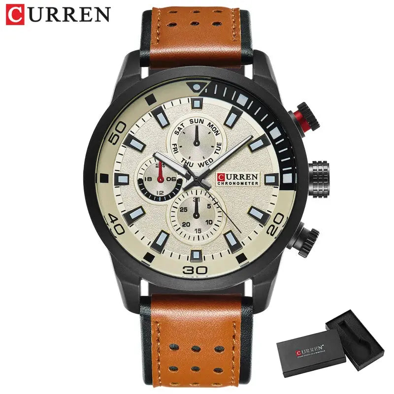 CURREN 8250 men's waterproof casual three-hand wristwatch with brown leather strap and beige dial