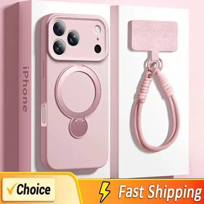 Simples Market pink silicone iPhone case with MagSafe ring holder and lanyard