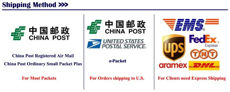 Shipping methods banner displaying China Post, USPS, EMS, FedEx, UPS, TNT, DHL logos.