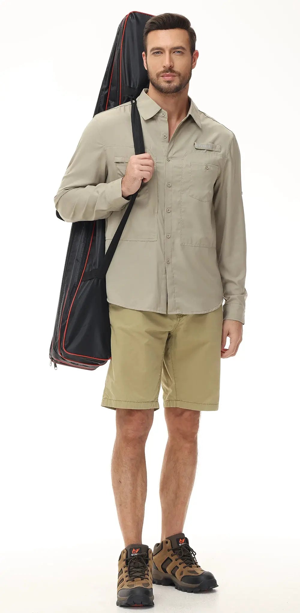 Men's Simples Market beige long-sleeve fishing shirt with button-down front, UPF 50+ sun protection, zipper pocket